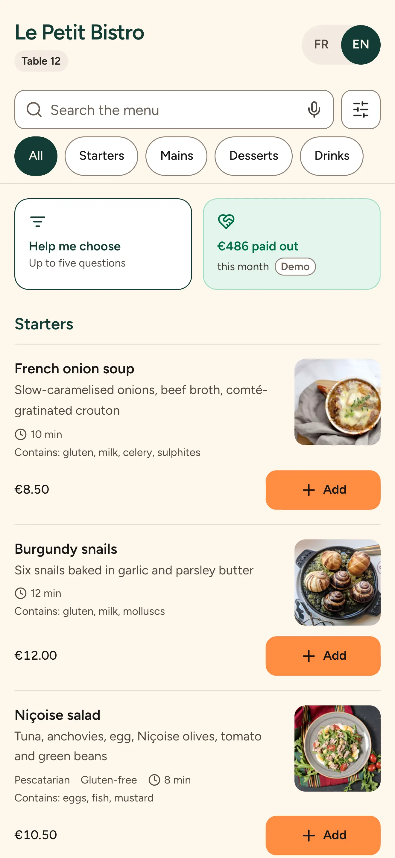 The restaurant’s menu on a phone: sections and dishes with photos and prices