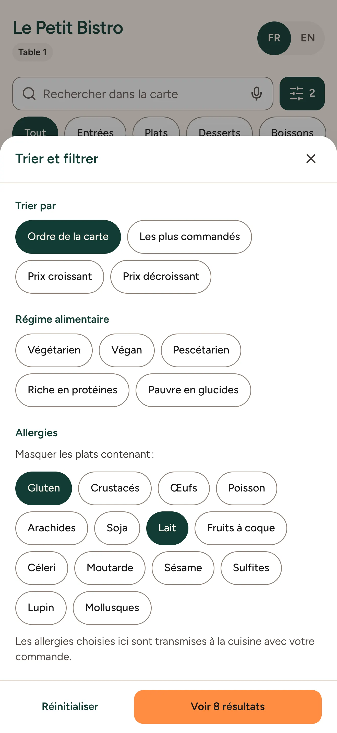 Filtre des allergènes ouvert, gluten et lait masqués