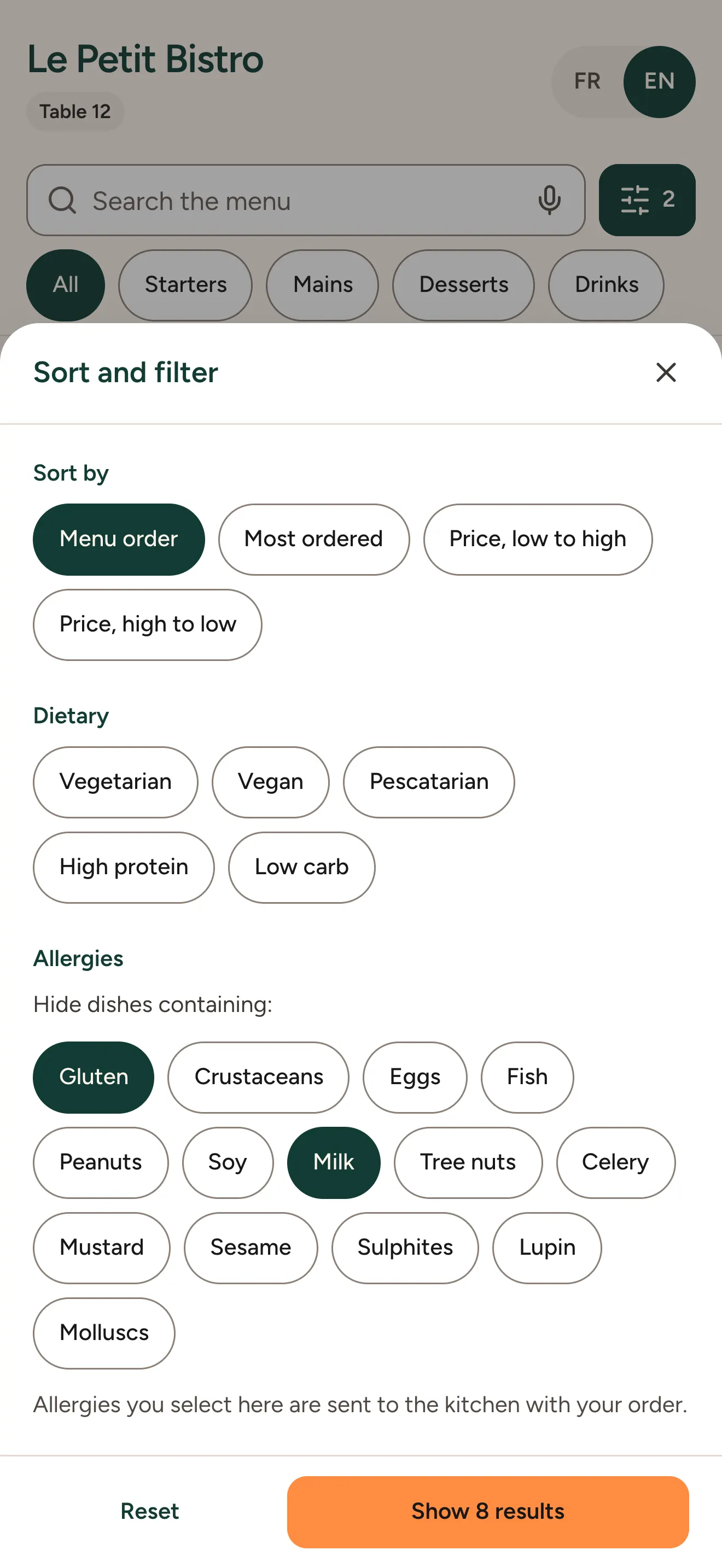The allergen filter open, hiding gluten and milk