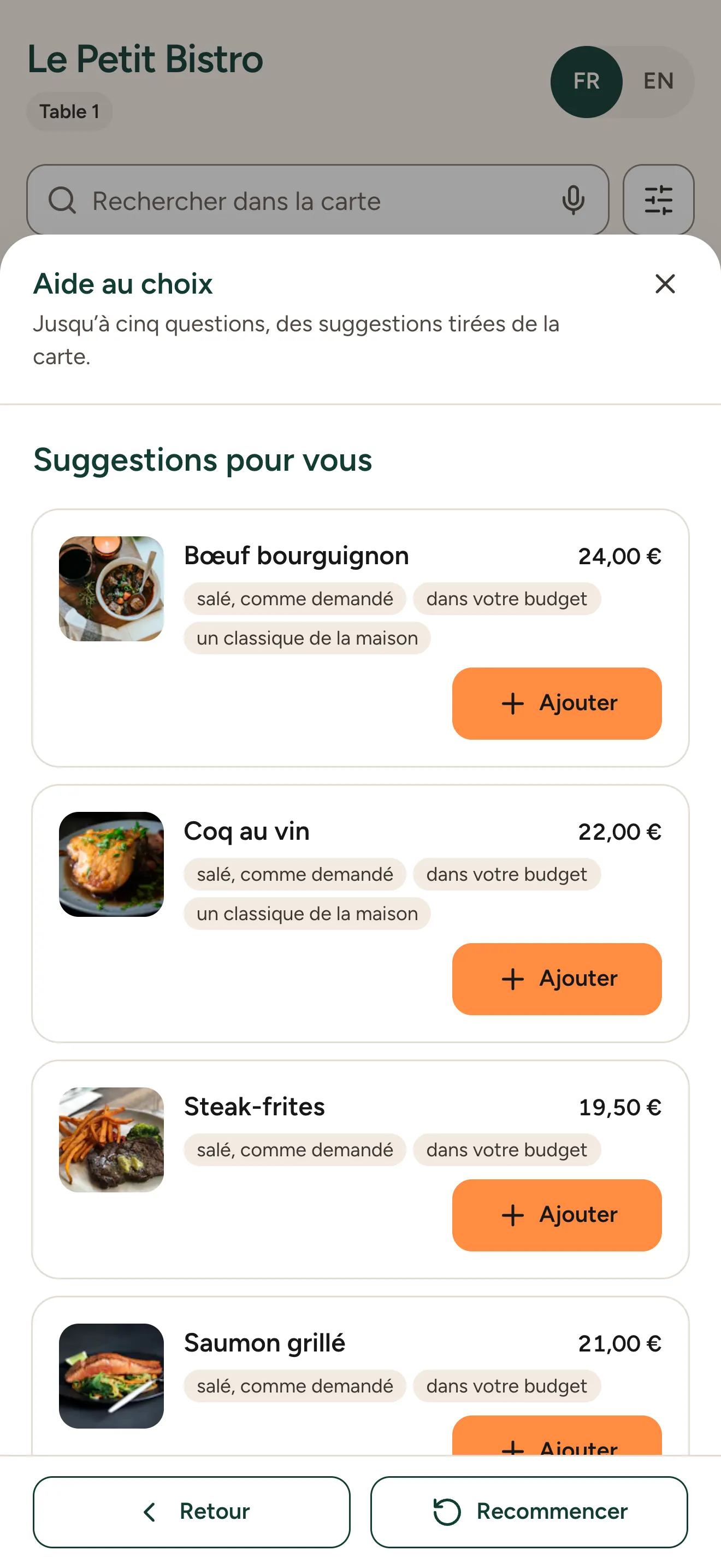 Aide au choix : plats suggérés avec leurs raisons