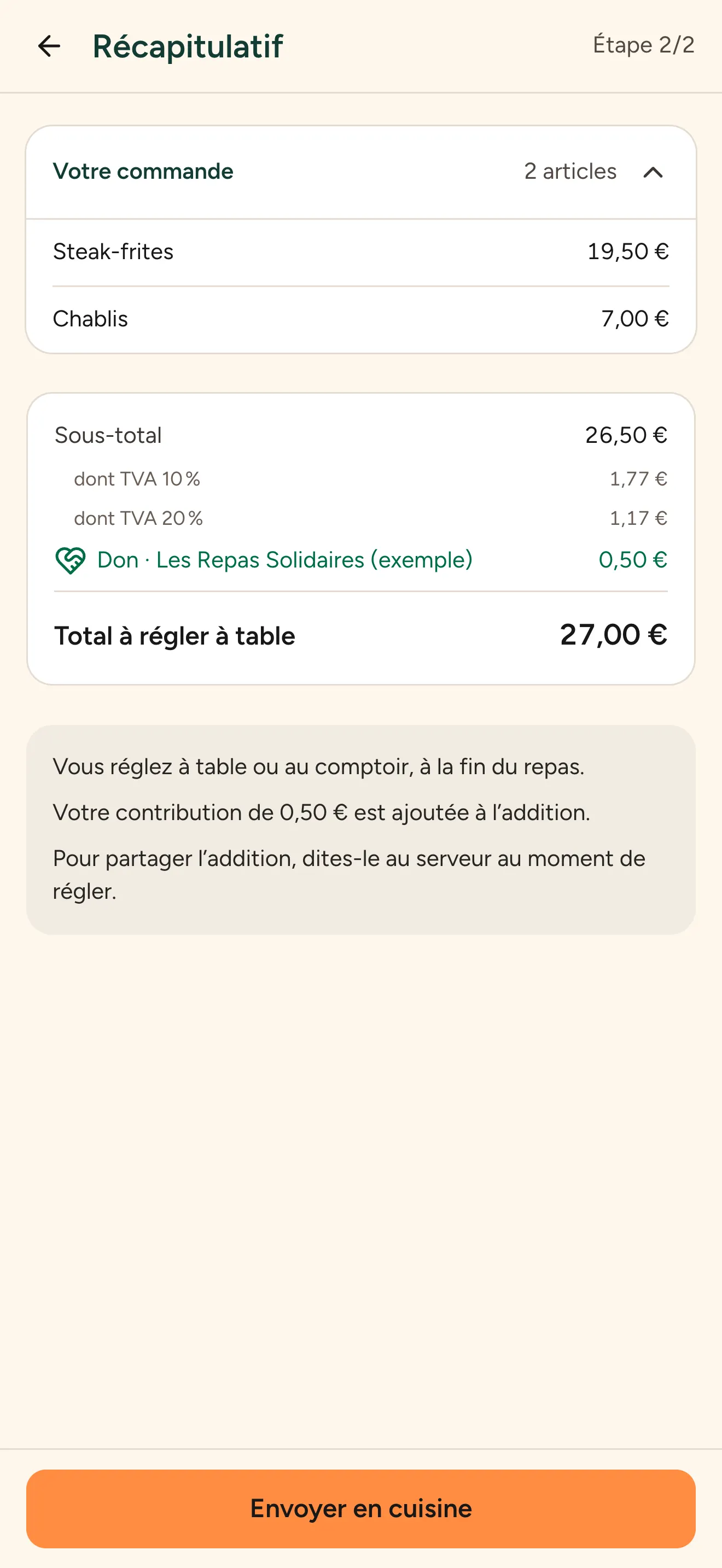 Récapitulatif de commande avec la TVA par taux, le don et le total à régler à table