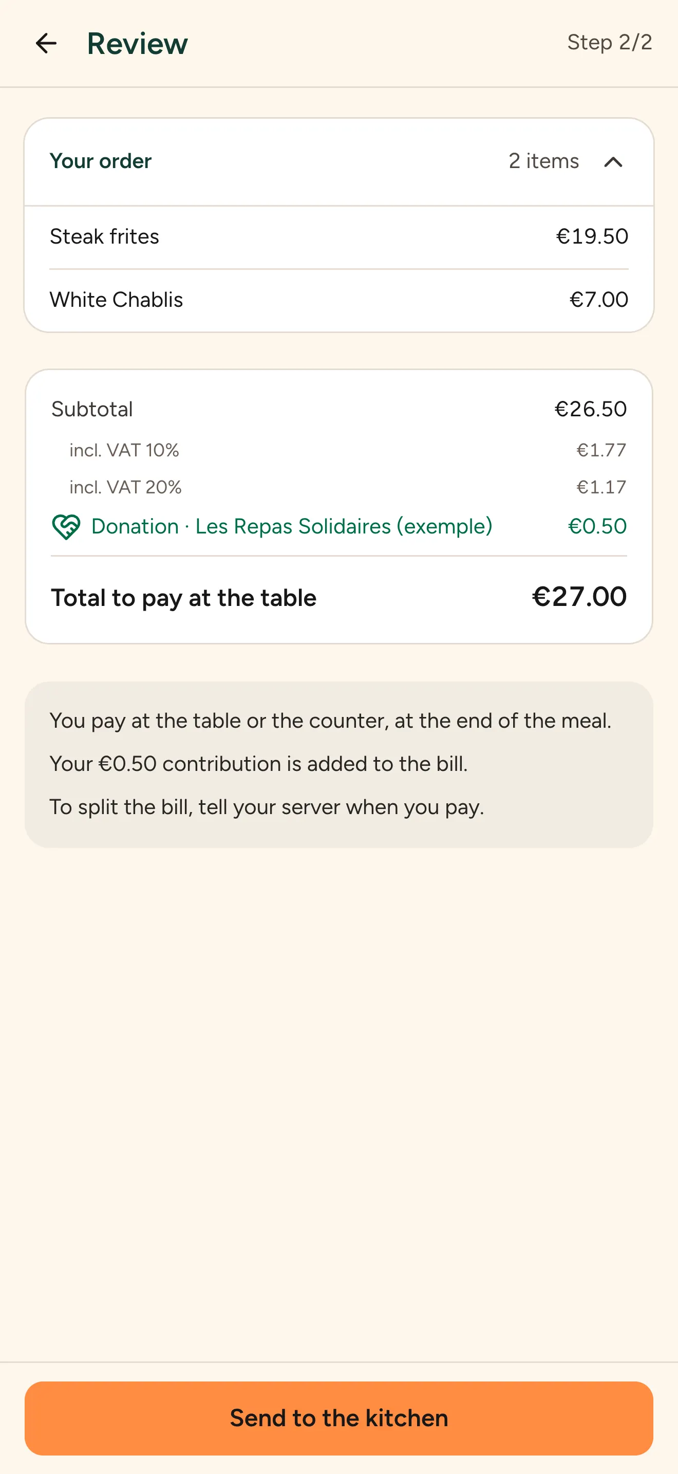 Order review with VAT per rate, the donation and the total to pay at the table