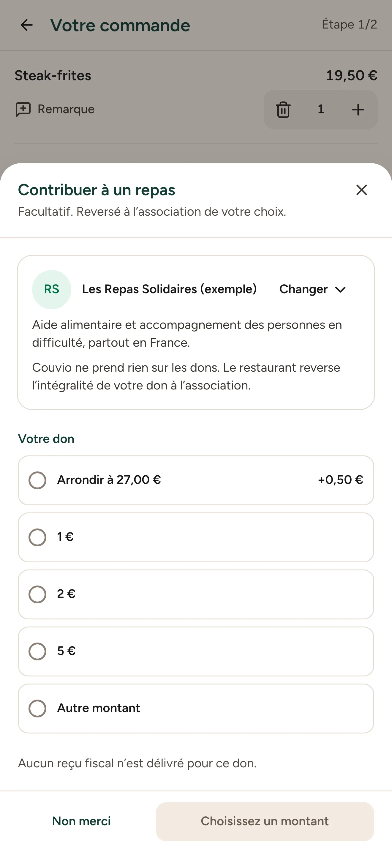 Choix d’un don pour une association, aucun montant présélectionné