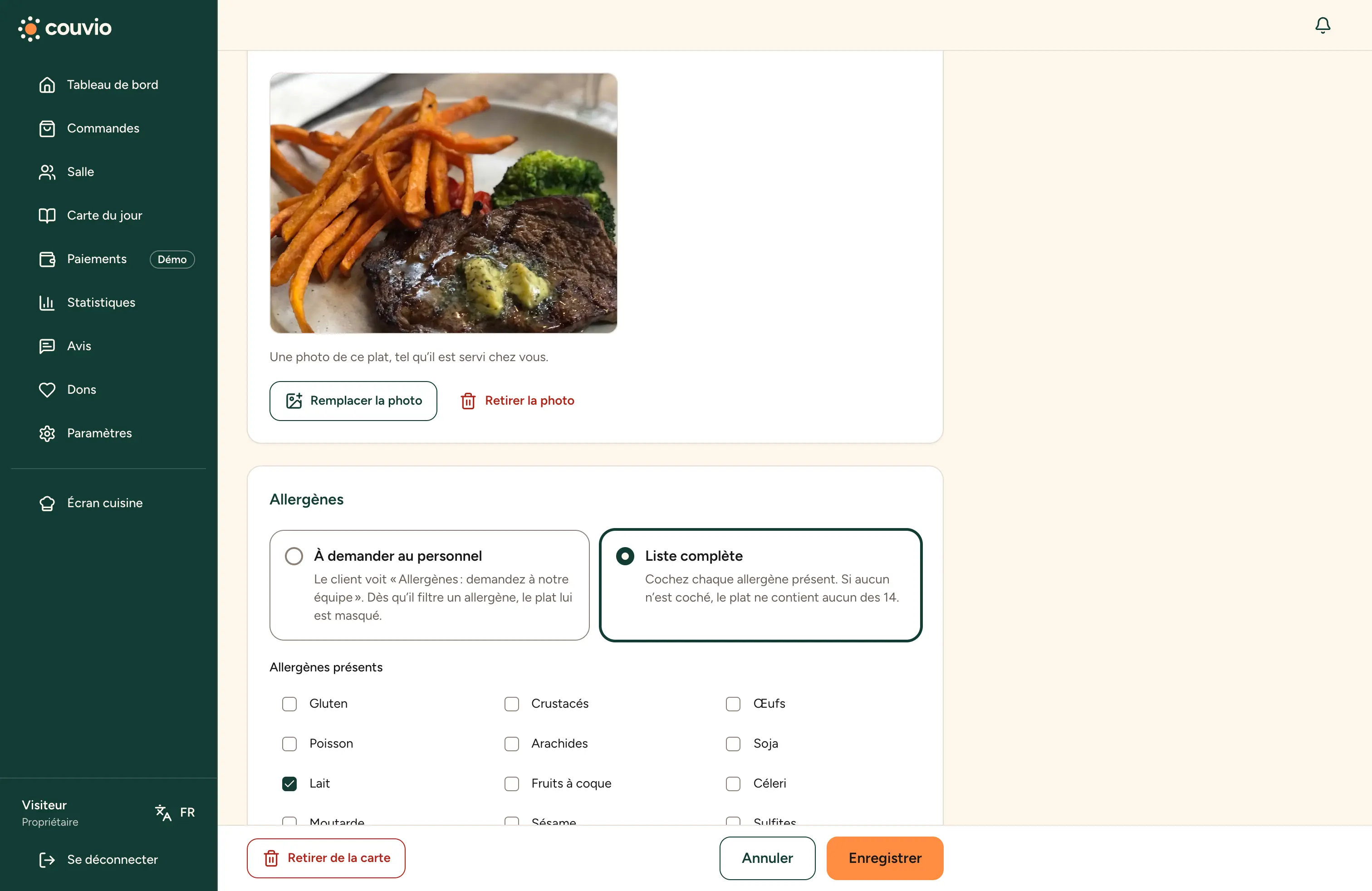 Fiche d’un plat : photo et allergènes