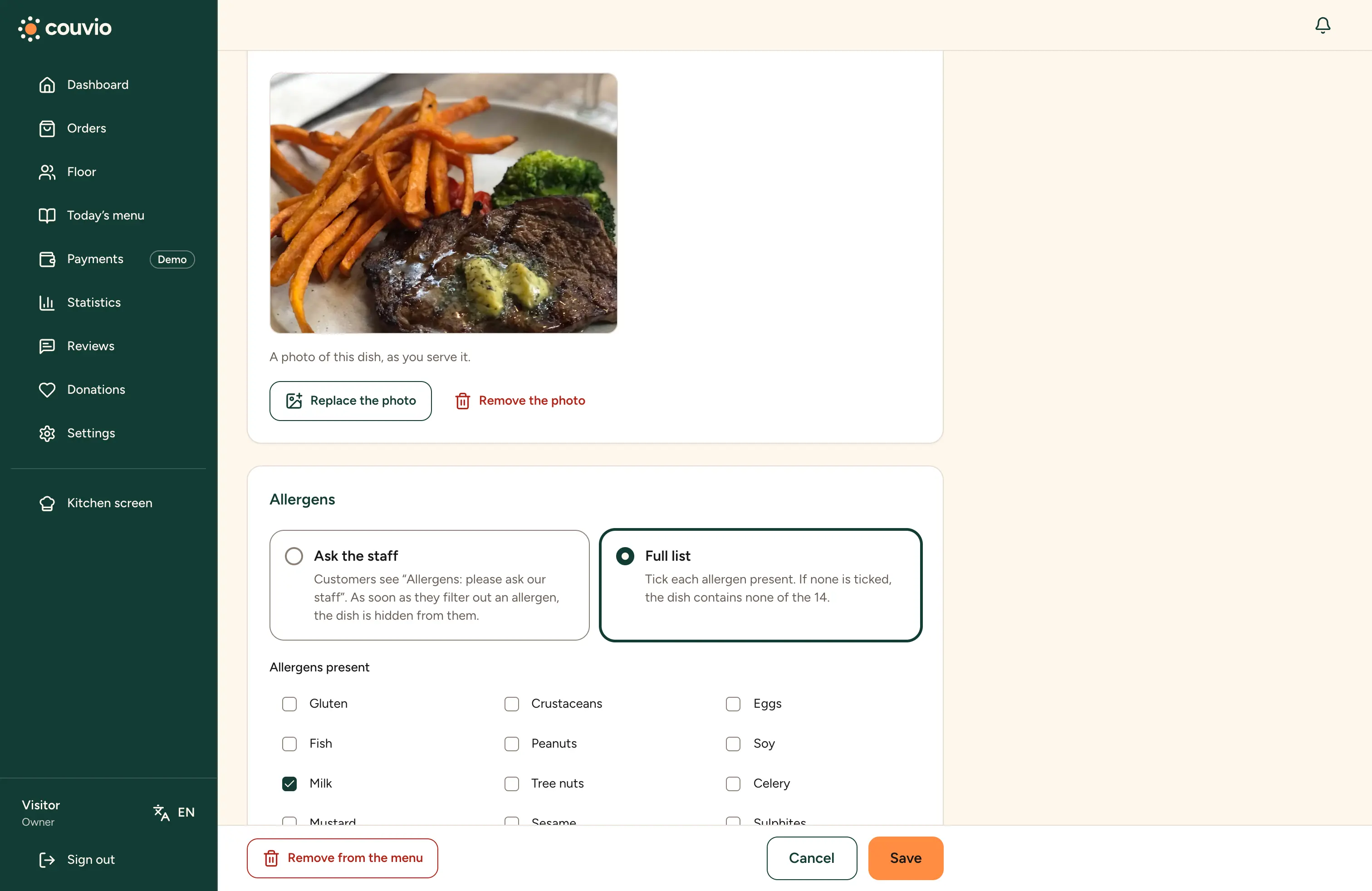 A dish’s page: photo and allergens