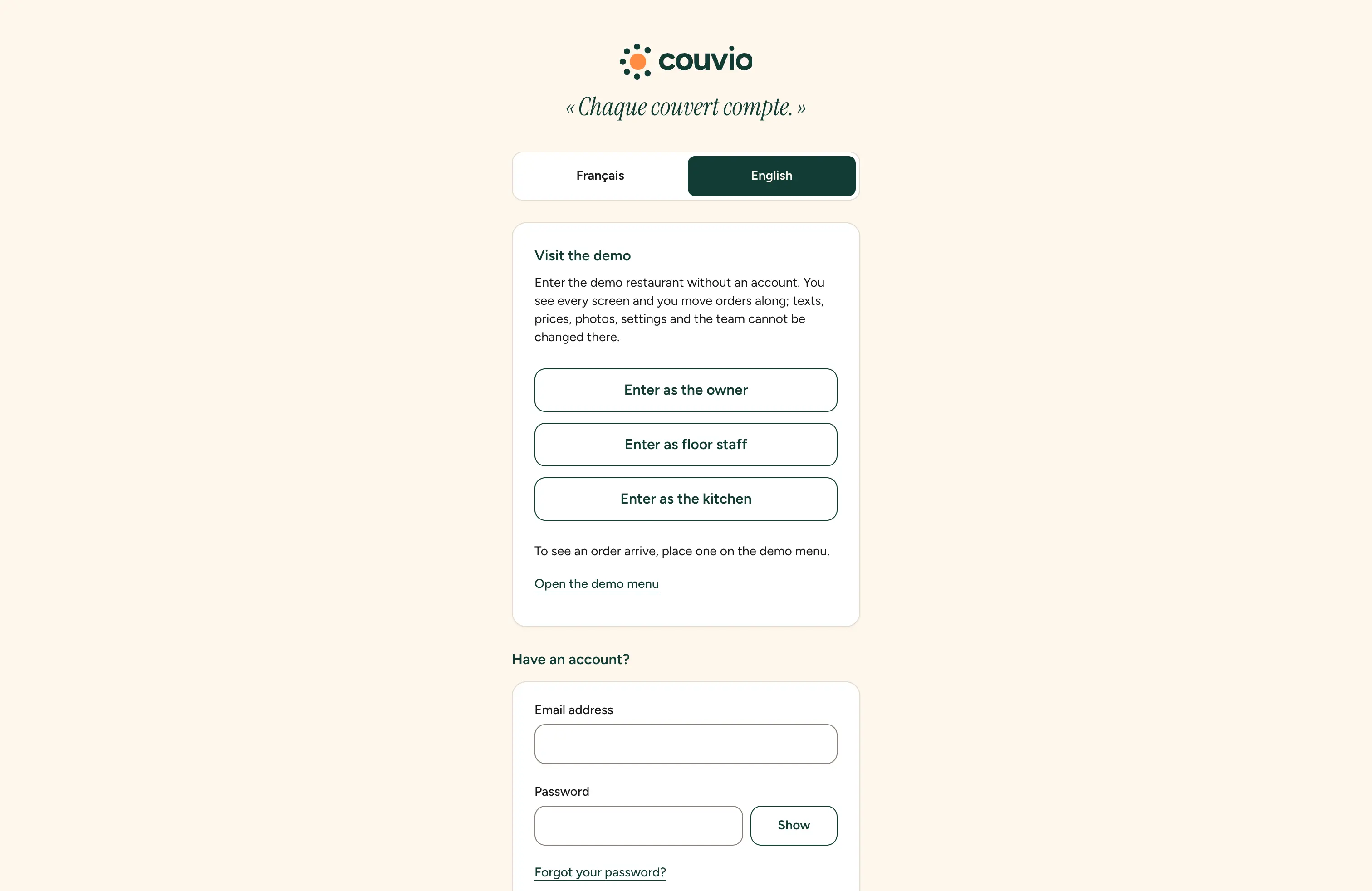 Demo dashboard: enter as owner, floor or kitchen